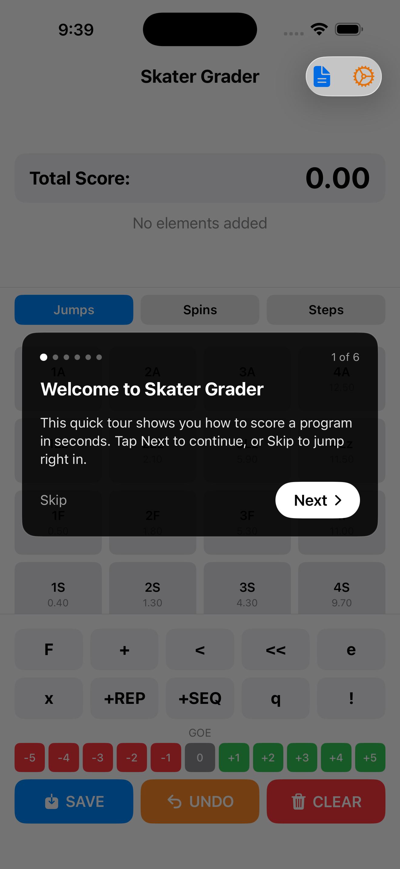 Skater Grader welcome screen
